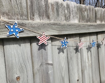 Fourth of July Garland, Independence Day Décor, Wood Star Garland, Americana Garland, Summer Decor, 4th of July Decor