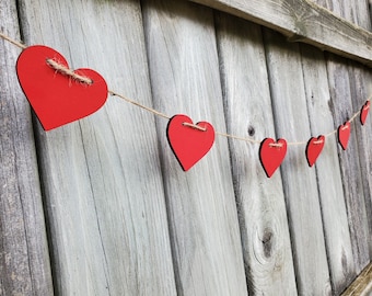 Heart Garland, Wood Heart Banner, Rustic Valentine's Day Decoration, Heart Banner, Red Heart Garland, Valentine's Day Decor, Heart Decor