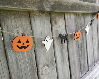 Jack-o-lantern Garland, Pumpkin Garland, Ghost Garland, Black Cat Garland, Fall Rustic Farmhouse Banner, Halloween Garland, Spooky Decor