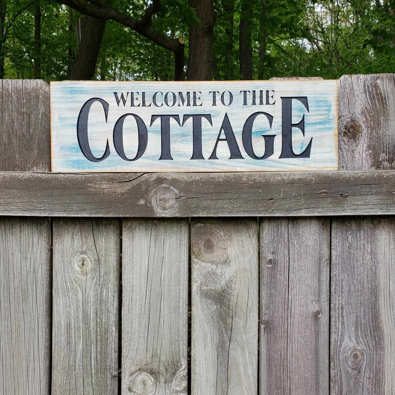 to the Cottage blue painted and engraved wooden sign Etsy