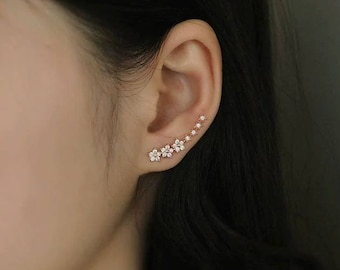 Rose Gold Flower Ear Climber | Gold Plated Earrings | Gemstone Floral Earrings | Minimalist Earrings | Gift for Her
