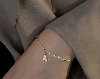 Dainty Butterfly Charm Bracelet | Gold and White Gold Plated on Silver Cable Chain | CZ Gemstone | Adjustable Bracelet | Gifts for Her