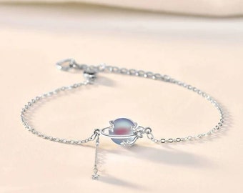 Dainty moonstone planet bracelet,white gold plated on sterling silver cable chain,celestal bracelet,adjustable bracelet,gifts for her