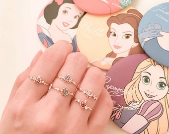 Disney princess solitaire rings set,each selection comes with a pair,rose gold plated on silver,dainty gemstone rings,gift for girl