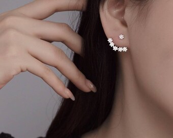 Flower Ear Jacket | Floral Chain Earrings with CZ Flower Accent | Front-Back Design | Two-Way Wear | Ear Crawler | Sakura Earrings