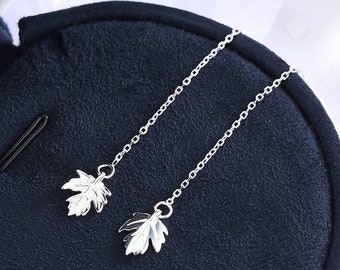 White Gold Plated Maple Leaf Threader Earrings | Silver Ear Threader | Minimalist Earrings | Gift for Her