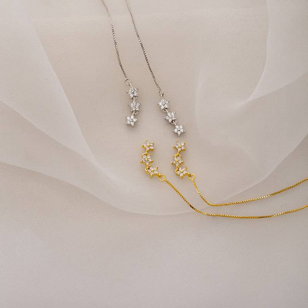 Dainty Triple Star Threader Earrings White Gold and Gold Plated on
