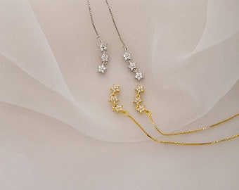 Dainty Triple Star Threader Earrings | White Gold and Gold Plated on Silver | CZ Gemstone Ear Threader | Silver Flower Threader Earrings