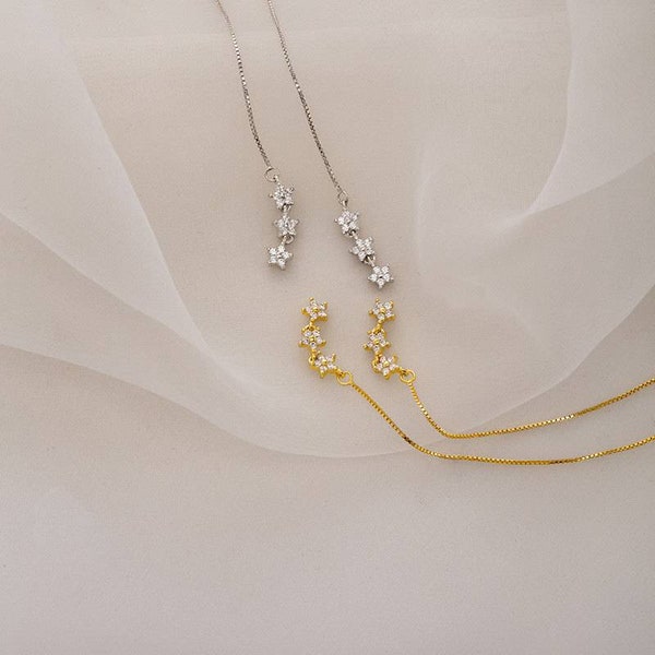 Dainty Triple Star Threader Earrings | White Gold and Gold Plated on Silver | CZ Gemstone Ear Threader | Silver Flower Threader Earrings