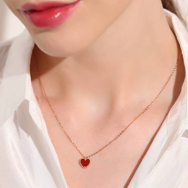 Collier coeur en agate rouge délicat, plaqué or rose sur chaîne en argent sterling, collier de charme, collier de mariage, cadeaux pour elle