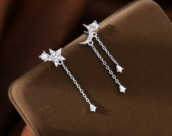 Gold Plated Crescent Moon & Star Dangle Earrings|Asymmetric Drop Earrings|CZ Chain Tassel|Boho Earrings|Dainty Earrings|Minimalist Jewelry