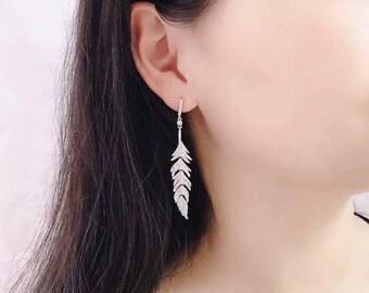 Dainty feather chandelier earrings,gold and white gold plated on sterling silver,gemstone earrings,tassel earrings,dangle boho earrings