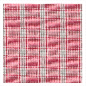 May include: Close-up of a red and white plaid fabric with gray accents. The fabric has a woven texture and a classic pattern of intersecting lines, creating a grid-like design. The color scheme is predominantly red and white, with subtle gray lines.