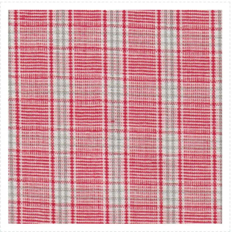 May include: Close-up of a red and white plaid fabric with gray accents. The fabric has a woven texture and a classic pattern of intersecting lines, creating a grid-like design. The color scheme is predominantly red and white, with subtle gray lines.