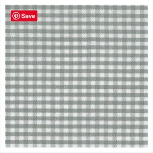May include: A close-up of a fabric with a gray and white gingham pattern. The pattern consists of evenly spaced squares, creating a classic and versatile design. The fabric is likely used for home decor or apparel.