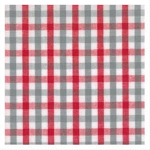May include: A square fabric with a classic gingham pattern. The design features a grid of red and gray squares alternating with white squares. The fabric has a woven texture, suitable for various craft and home decor projects.