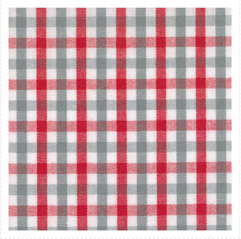 May include: A square fabric with a classic gingham pattern. The design features a grid of red and gray squares alternating with white squares. The fabric has a woven texture, suitable for various craft and home decor projects.