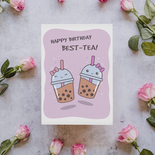 Happy birthday best-tea cute boba greeting card, bubble tea bestie bff card