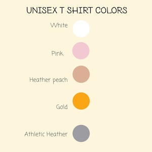 May include: Unisex t-shirt color chart with five color swatches: white, pink, heather peach, gold, and athletic heather.