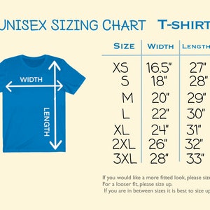 May include: Unisex t-shirt sizing chart with measurements in inches. The chart shows the width and length of the shirt in different sizes, from XS to 3XL.