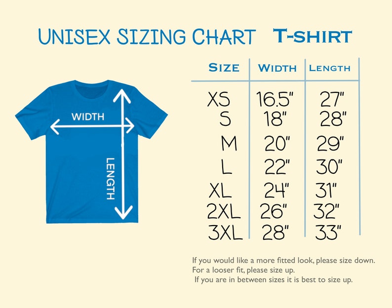 May include: Unisex t-shirt sizing chart with measurements in inches. The chart shows the width and length of the shirt in different sizes, from XS to 3XL.