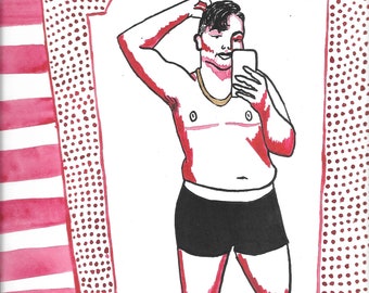 Topless Selfie in Red Watercolor