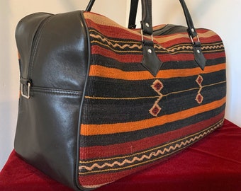 Authentic Turkish Kilim Travel Bag. Genuine Leather Black. Vintage Duffle Bag. Large Weekender Bag. Handmade. 20"X11"X10