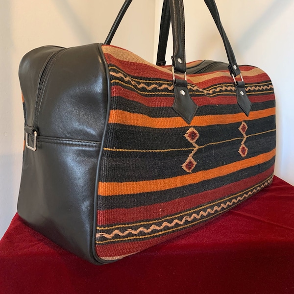 Authentic Turkish Kilim Travel Bag. Genuine Leather Black. Vintage Duffle Bag. Large Weekender Bag. Handmade. 20"X11"X10