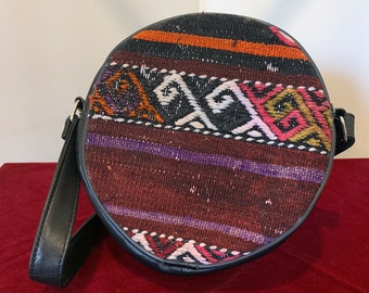 Vintage Turkish Kilim Round Crossbody Bag. Genuine Leather Black. Authentic Shoulderback For Women. Bohemian Crossbody Bag. Handmade. 8"X8"