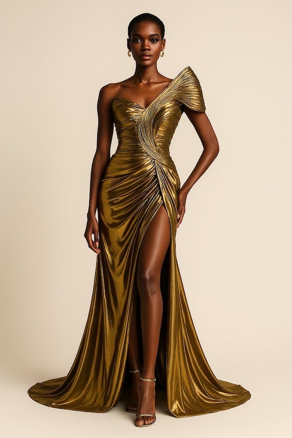 metallic gold evening dress Glamorous Strapless Gown with Floral Accents and Cutout Detail 42335 –  Mario Pucci main image 1