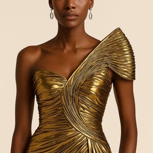 Pu&ograve; includere: Abito da sera dorato monospalla, con corpetto drappeggiato e gonna fluida. L'abito ha una lucentezza metallica e un aspetto strutturato, creando un look glamour. La modella indossa orecchini d'argento.