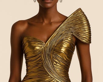 gold one sleeve dress Shoulder Evening Gown | Luxury Formal | Metallic Gala Dress | Wedding Guest Maxi Dress monc_