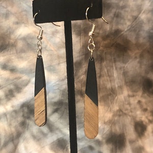 Wood And Black Acrylic Long Teardrop Earrings - Dangle Earrings - Simple Earrings - Beautiful Wood Earrings