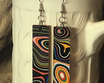 Multicolor Wood Swirl Rectangle Drop Dangle Earrings - Fun Funky Wood Earrings - Beautiful Earrings - Hand painted Details