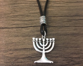 Silver Menorah Necklace | Black Waxed Cotton Cord | Hebrew Hanukkah Gift