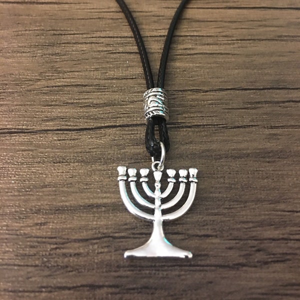 Silver Menorah Necklace | Black Waxed Cotton Cord | Hebrew Hanukkah Gift