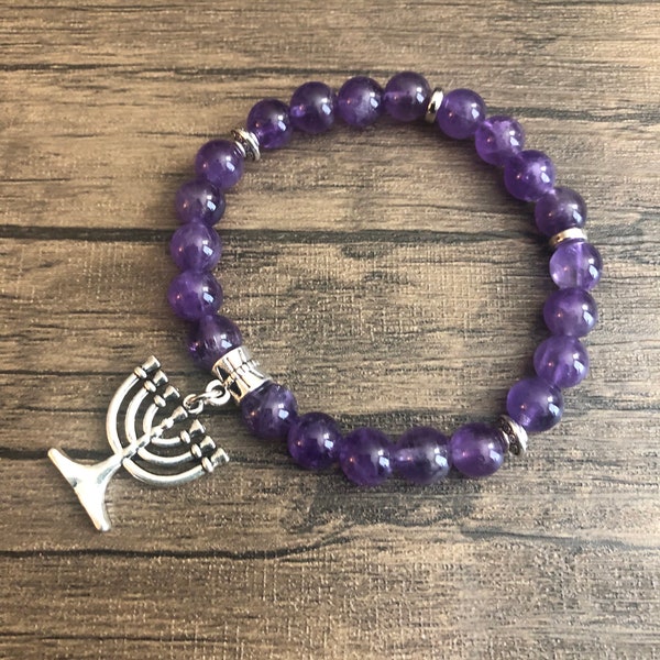 Menorah Bracelet | Green, Purple Amethyst , Black, Blue, Tiger’s eye, Beaded Stretch Bracelet