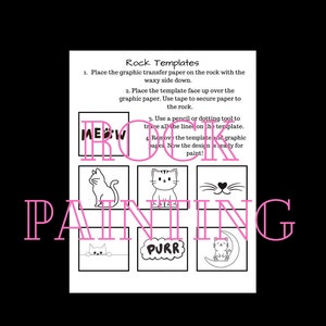 May include: Black and white printable rock painting templates featuring cat designs. The templates include a cat with the word "MEOW", a cat sitting, a cat face with a heart nose, a cat peeking over a surface, a cat with a speech bubble that says "PURR", and a cat sitting under a crescent moon.