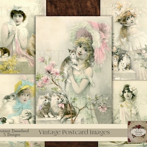 Senhoras de gatos, gatos vintage, arte de cartão postal, mulheres vitorianas, gatos e gatinhos, arte de gatinhos, amante de gatos, pais de animais de estimação, meninas com gatos, amante de animais