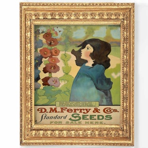 May include: A vintage advertisement for D.M. Ferry & Co. Standard Seeds. The ad features a young girl in a blue dress standing in a field of hollyhocks. The text reads "How do the little busy bees improve the shining hours, By gathering sweets from Ferry's fragrant flowers."