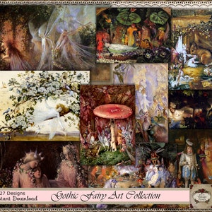May include: A collage of 27 digital images featuring gothic fairy art. The images depict fairies, mushrooms, flowers, and other whimsical elements in a dark and mysterious style. The text "Gothic Fairy Art Collection" is displayed at the bottom of the collage.
