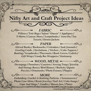 May include: A vintage-style graphic with the title "Nifty Art and Craft Project Ideas" and a list of craft project ideas organized by material: Fabric, Paper, Wood, Metal, and More. The list includes ideas such as pillows, tote bags, altered books, bookmarks, decoupage, furniture, embroidery, crochet, and knitting patterns.