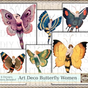 ART DÉCO Femmes, PRETTY Butterfly Ladies, Art de carte postale vintage, Art Belle Epoque, Illustrations des années 1900, Scrapbook Butterfly, Clipart Set