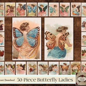 SCHMETTERLINGS-Damen, viktorianische Frauen, Vintage-Schmetterlinge, Chromolithographs, Schmetterlings-Collage, 1800, weibliche Kunst, Handelskarten,