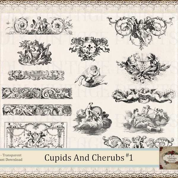 CUPIDS And CHERUBS, Antique Images, Valentine's Day, Journal Embellishment, Scrapbook Decoration, Victorian Line Art, Retro Book Art,