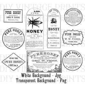 May include: A collection of vintage-style honey labels in black and white. The labels feature text such as "Pure Honey," "Extracted Honey," and the names of apiaries and locations. Some labels include illustrations of bees and honeycombs.