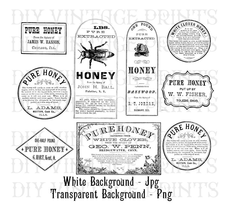 May include: A collection of vintage-style honey labels in black and white. The labels feature text such as "Pure Honey," "Extracted Honey," and the names of apiaries and locations. Some labels include illustrations of bees and honeycombs.
