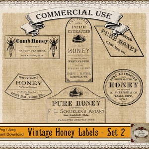 ÉTIQUETTES DE MIEL ANCIENNES, éphémères victoriennes, étiquettes imprimables, abeilles à imprimer, clipart nourriture, usage commercial