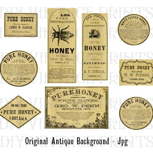 May include: A collection of vintage-style honey labels in various shapes and sizes. The labels feature text such as "Pure Honey" and "Extracted Honey," along with illustrations of bees and floral designs. The labels are in shades of beige and brown.