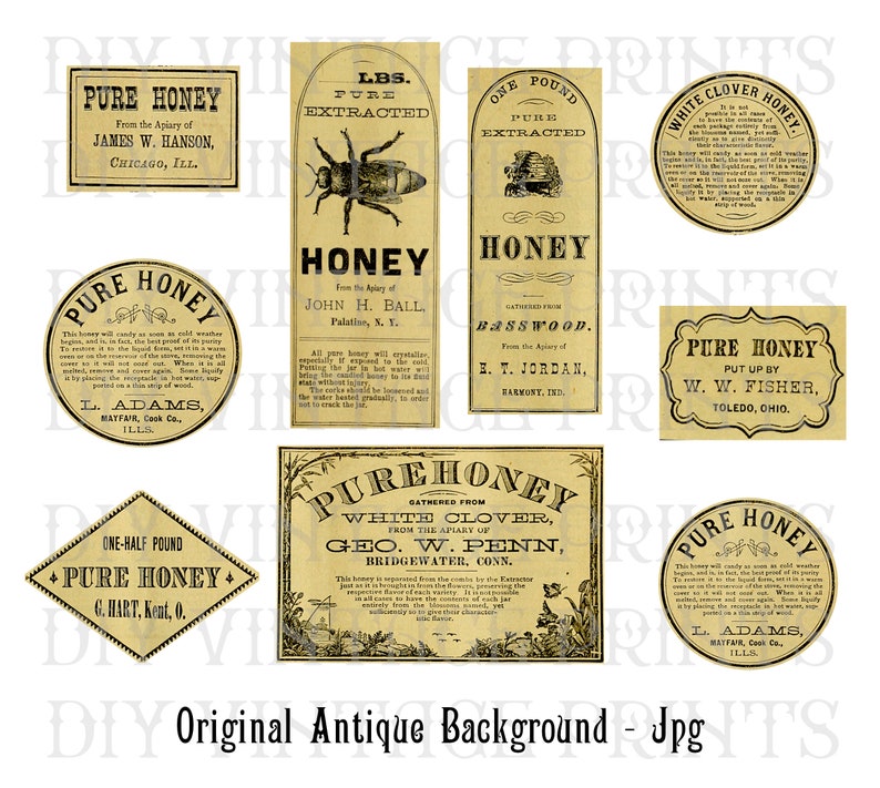 May include: A collection of vintage-style honey labels in various shapes and sizes. The labels feature text such as "Pure Honey" and "Extracted Honey," along with illustrations of bees and floral designs. The labels are in shades of beige and brown.